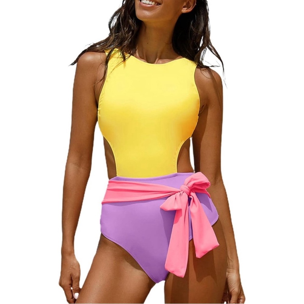 Hilinker Women's One Piece Swimsuit Color Block Cut Out Monokinis Bowknot Bathin